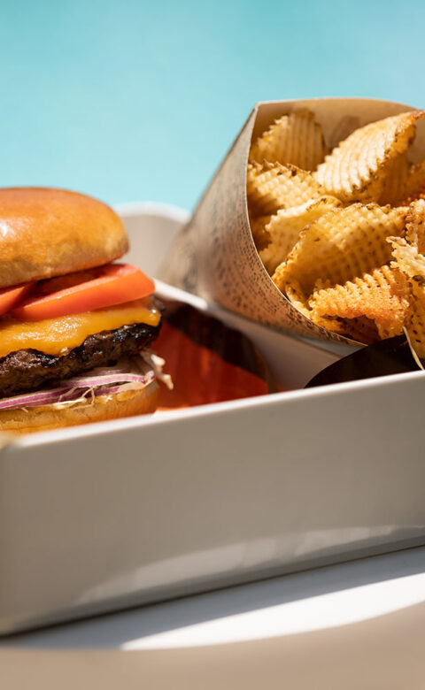 cheese burger and fries in a white rectangular bowl
