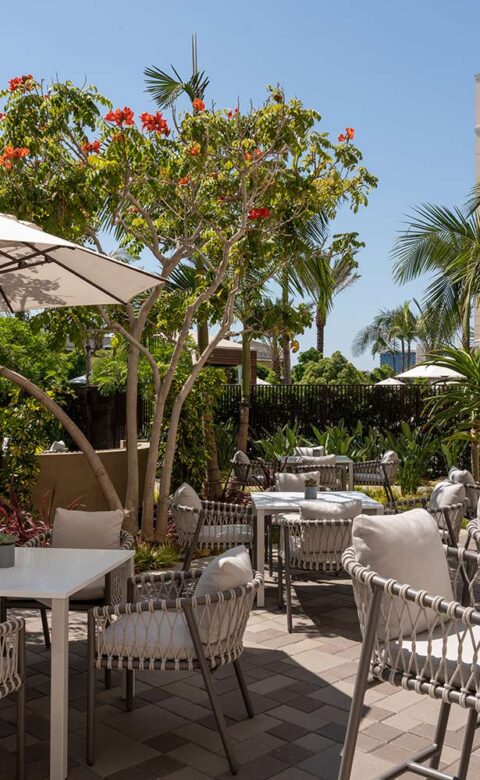 poolside tables and chairs under large umbrellas